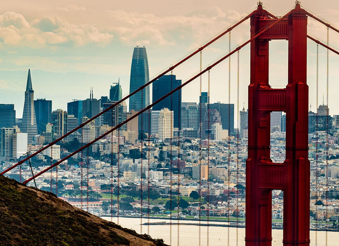 San Francisco, CA - Aerial View of San Francisco, CA and Bridge